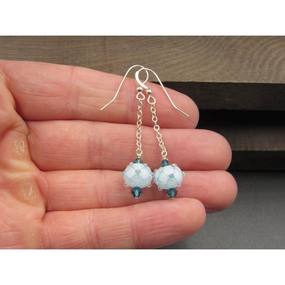 Sterling Silver Long Light Blue Glass Ball Dangle Earrings - Picture 1 of 5